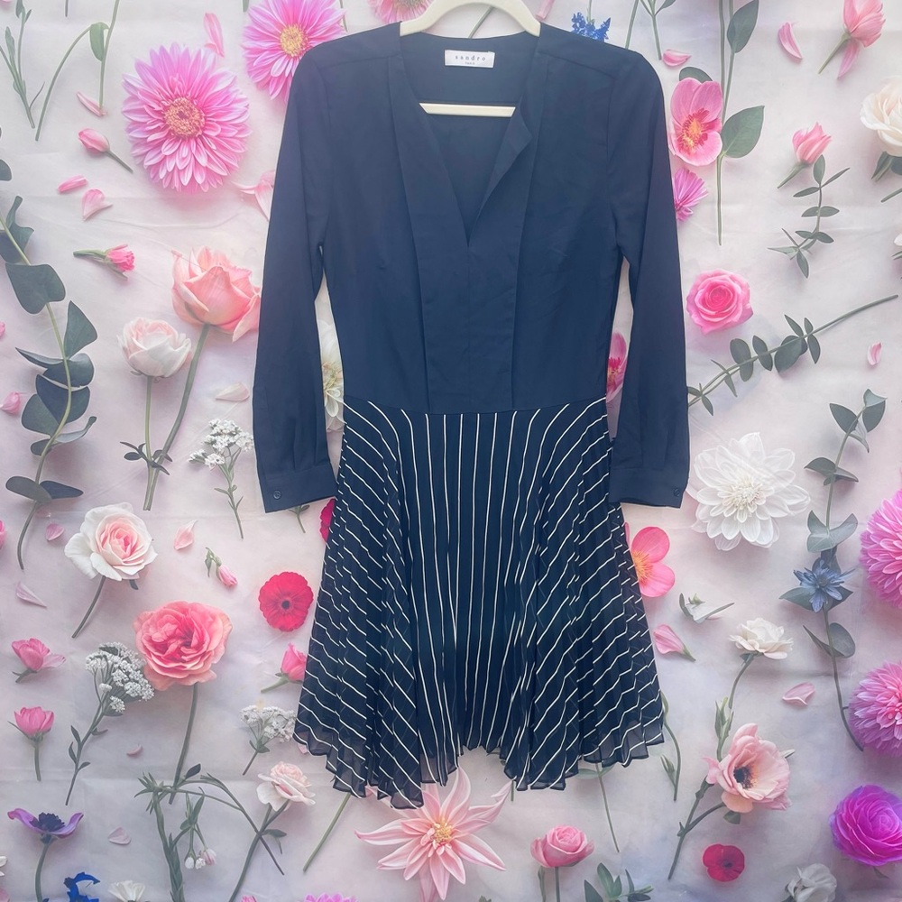 Sandro Paris Black and White Striped Pleated Long Sleeve Dress